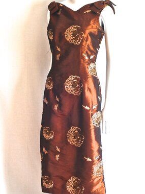 1960's Copper Brocade Sheath Dress With Shoulder Bows